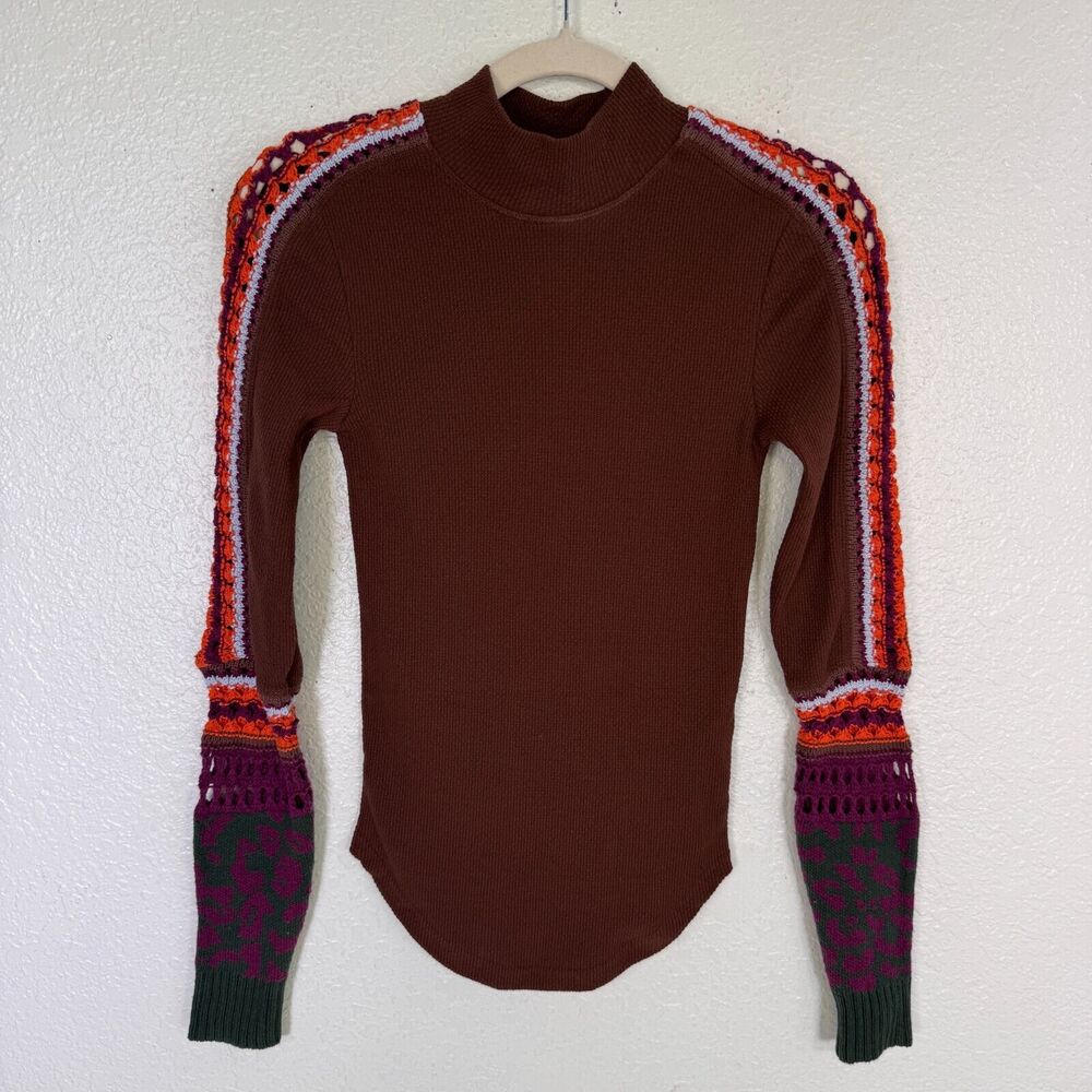 Free People Switch It Up Thermal Top Women XS Cocoa Brown Crochet Knit Layering